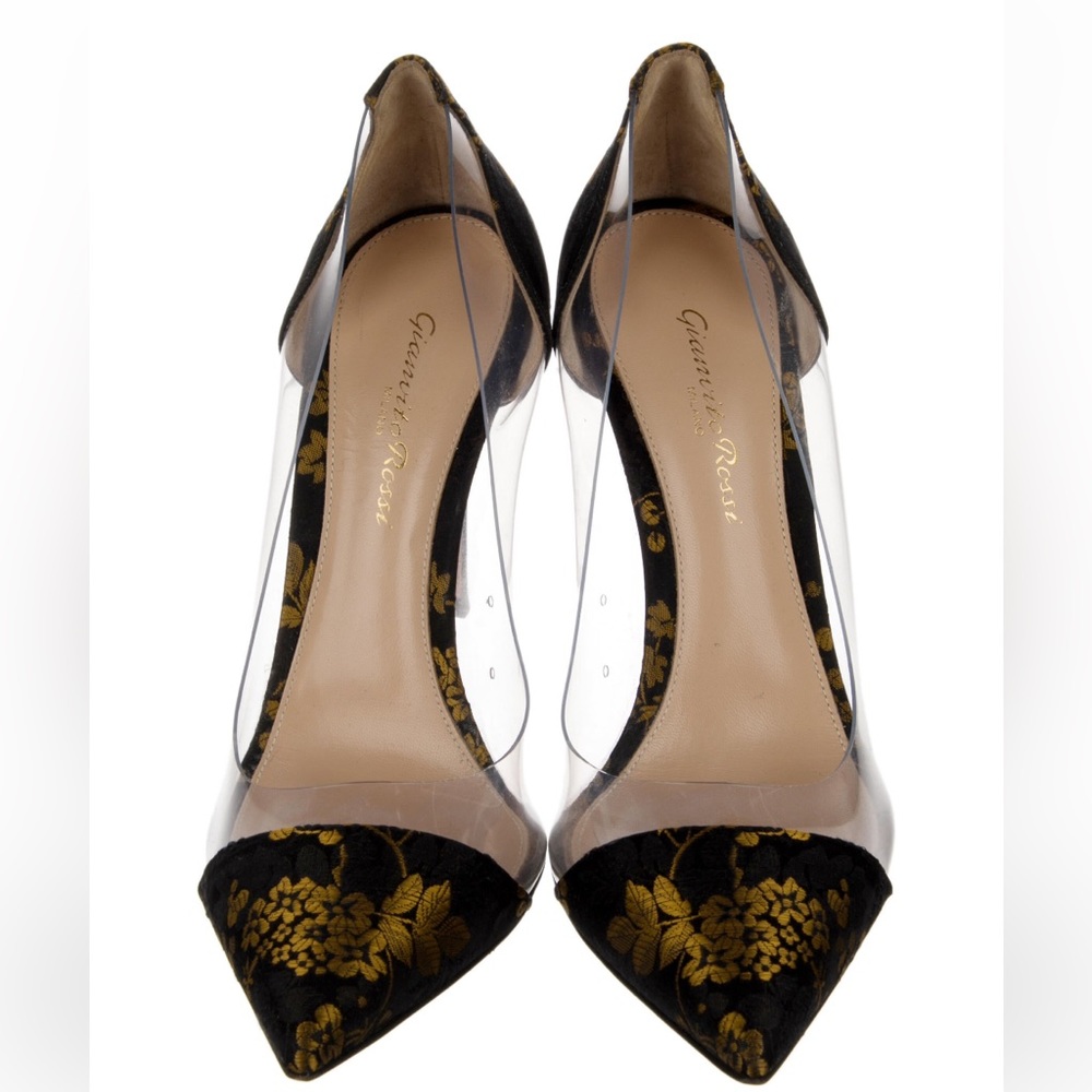 Gianvito Rossi Black and Gold Floral Pointed-Toe PVC Pumps